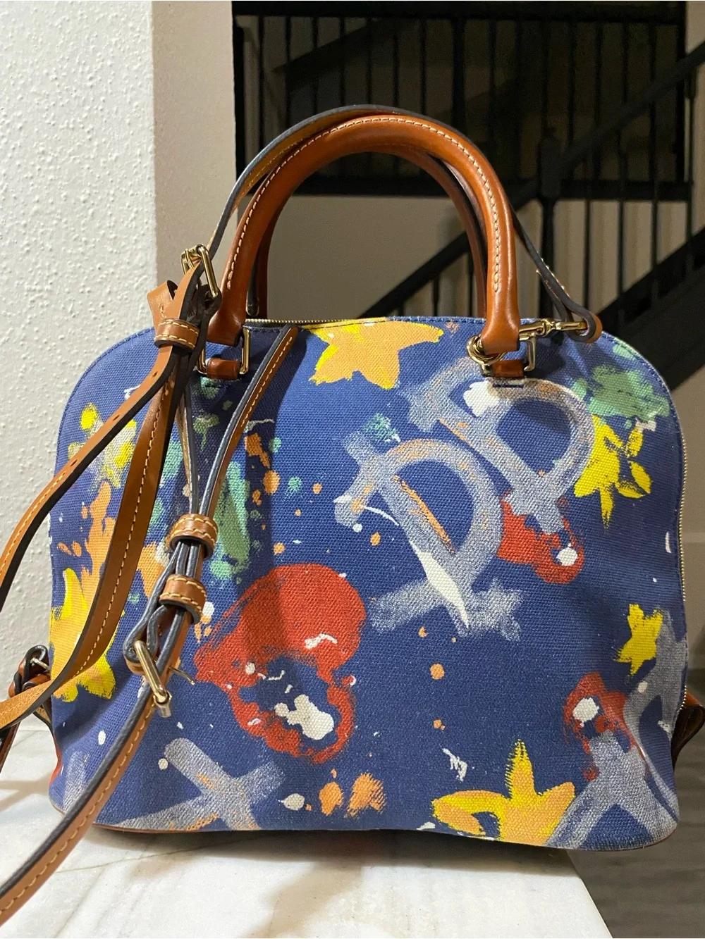 Dooney & Bourke Navy Graffiti Floral Canvas Dome Satchel with Brown Trim